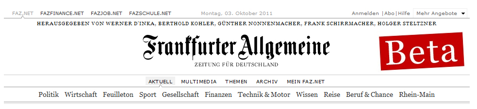 Header des neuen Online-Auftritts der Frankfurter Allgemeinen Zeitung