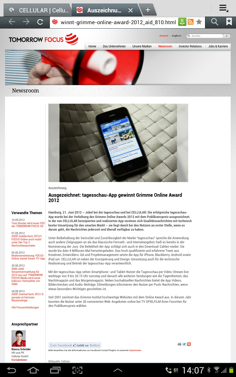 Screenshot: Pressemitteilung zur tagesschau-App bei Tomorrow Focus