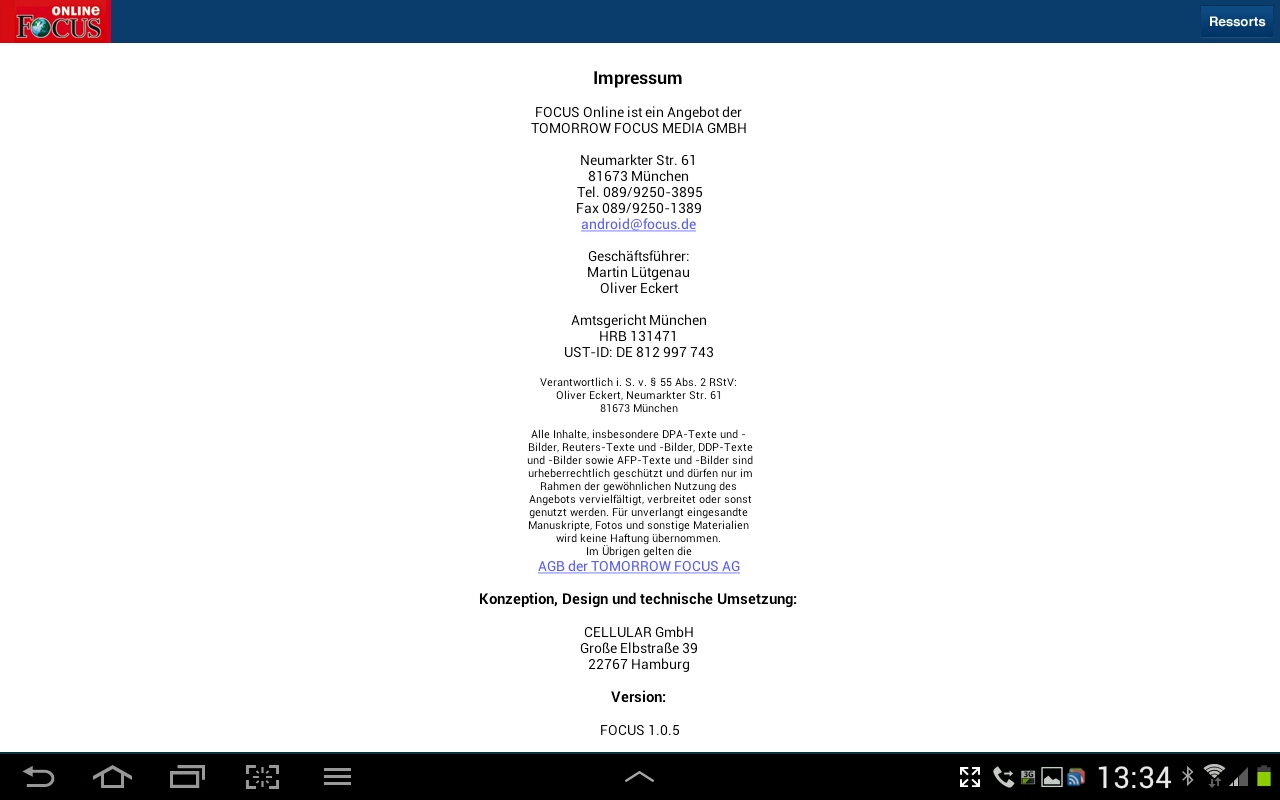 Screenshot, Impressum in der Focus- App