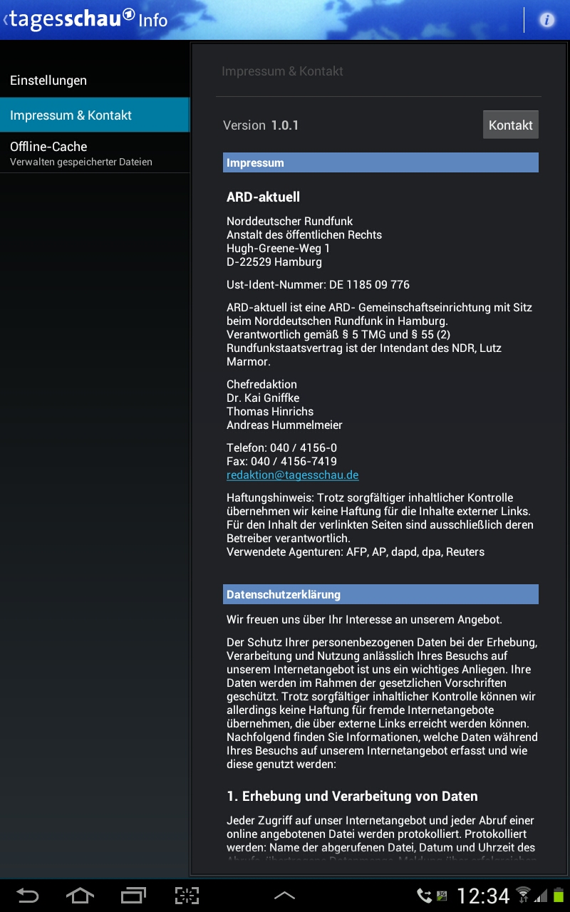 Screenshot: Impressum der Tagesschau - App