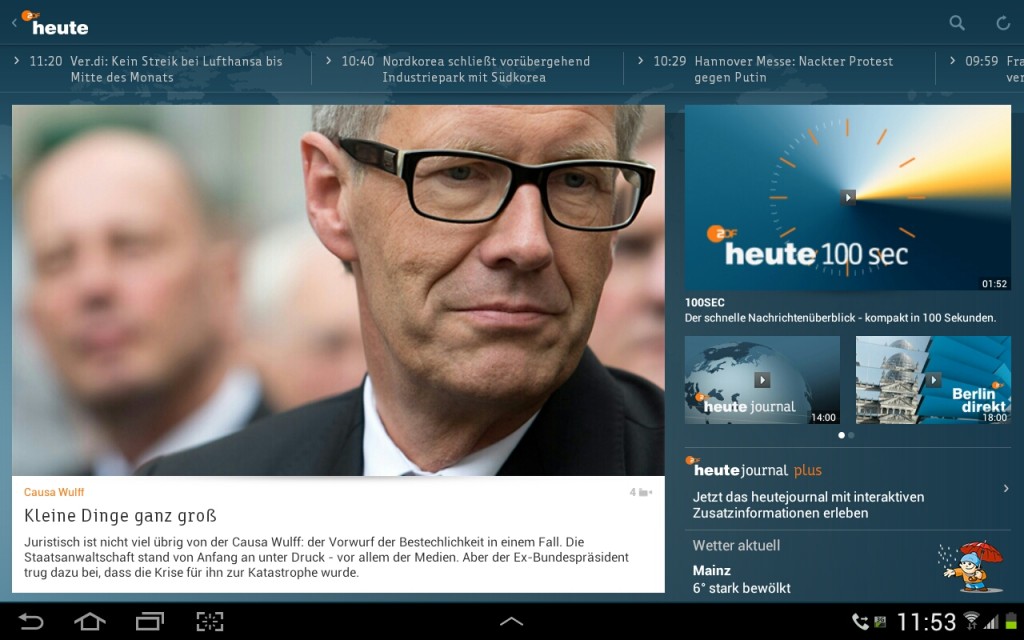 Startansicht der ZDFheute-Tabletapp