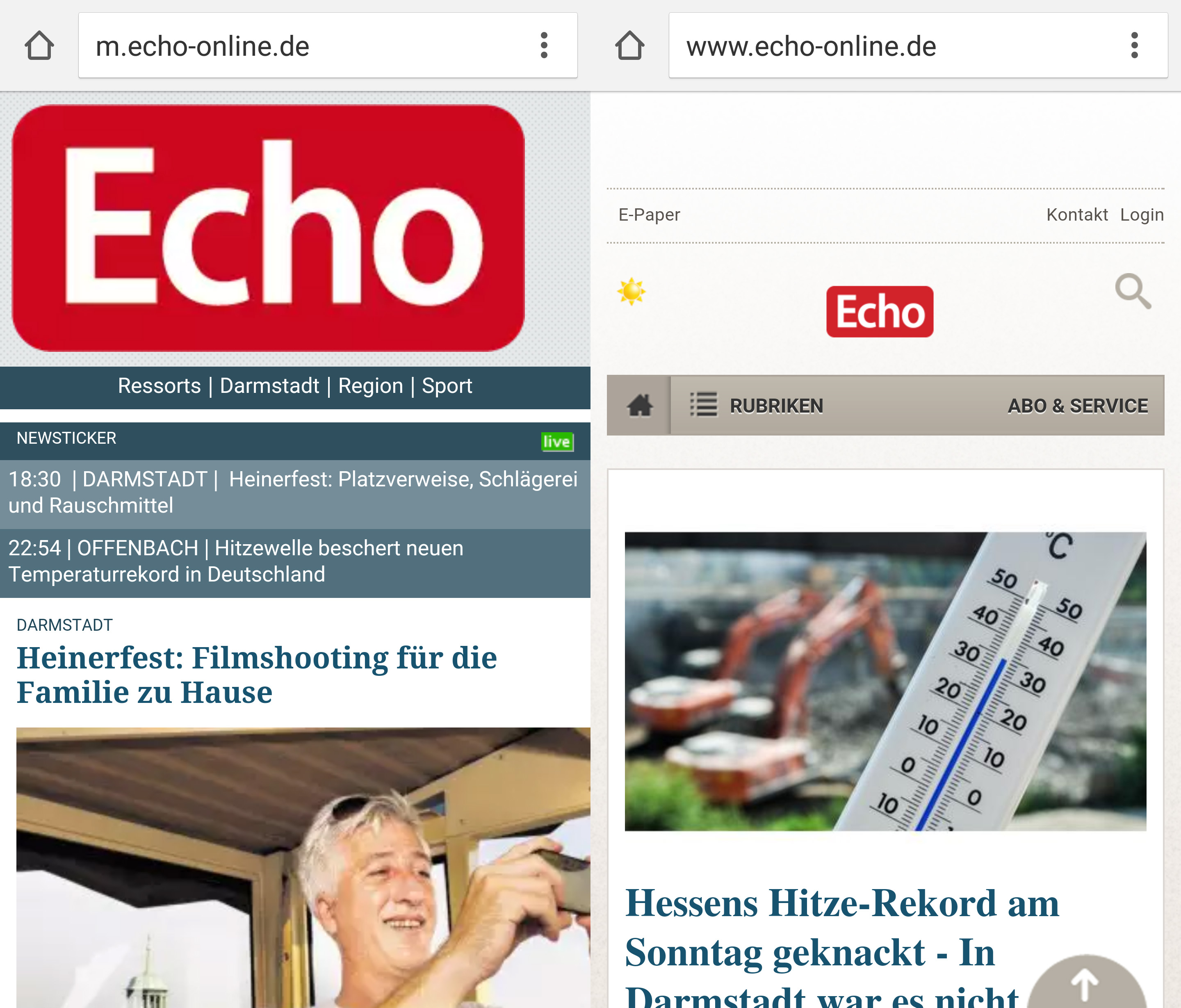 Mobile Ansicht: Eine gesonderte Seite (m.echo-online, 2009, l.) und die responsive Seite (echo-online, 2015, r.)